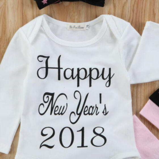 Headband 3PCS Outfit Set Newborn Baby Girl 1st New Year Clothes Happy New Year Romper Skirt