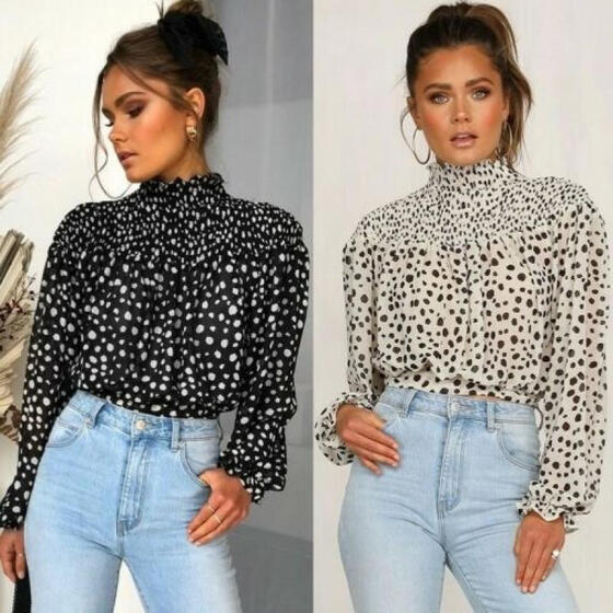Women V Neck Puff Long Sleeve Tops Polka Dot Print Loose Casual T-Shirt Blouse
