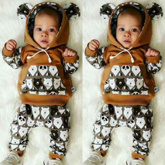 Toddler Infant Baby Girls Boys Print Clothes Hooded Tops+Pants Warm Outfits 2pcs