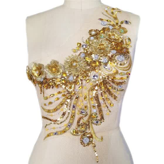 Shop Handmade Sewn On The Web 3d Yellow Lace Rhinestones Applique