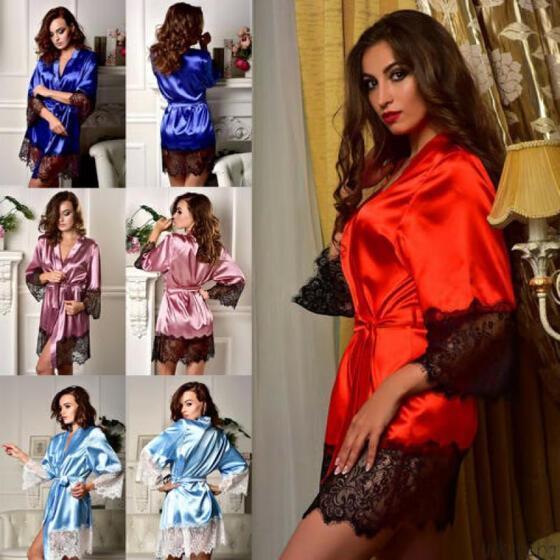 Ladies Red Satin Chemise Nightie Nightshirt PJs Pyjamas Kimono Bathrobe