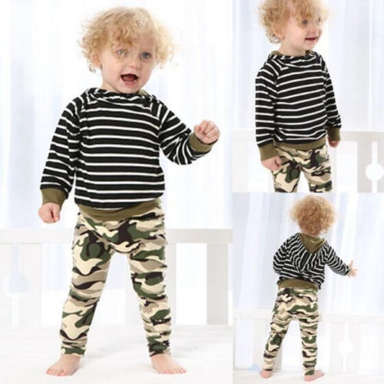 USA Casual Toddler Baby Kids Boy Camo Hooded Tops Pants 2Pcs Outfits Set Clothes