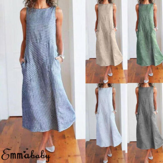 Womens Beach Dress Casual Sundress Sleeveless Stripes Loose Long Summer Dress