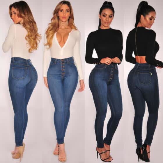 Shop Women S Denim Button Up High Waist Skinny Jeans Slim Fit Stretch Casual Pants Online From Best Women S Jeans On Jd Com Global Site Joybuy Com