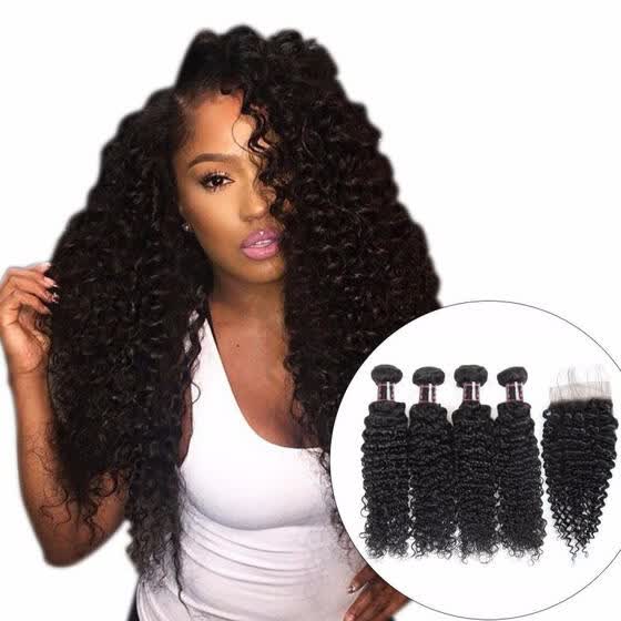Shop Indian Curly Lace Closure 100 Human Hair 4 Bundles With