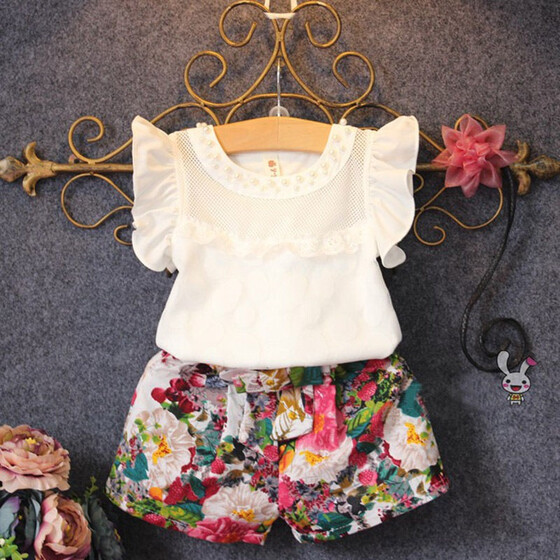 Baby Toddler Girls Summer Clothes Shorts Set 2-7 Years Old Kid Short Sleeve Flower T-Shirt Bowknot Shorts Outfit