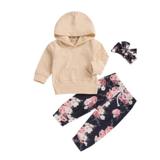 3Pcs Infant Toddler Baby Girl Clothes Long Sleeve Hoodie with Pocket Tops Floral Pants Outfits Set with Headband