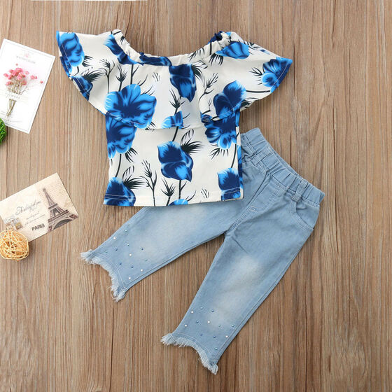 Toddler Kids Baby Girl Floral Tops T-shirt Denim Pants Trouser Jeans Clothes Set