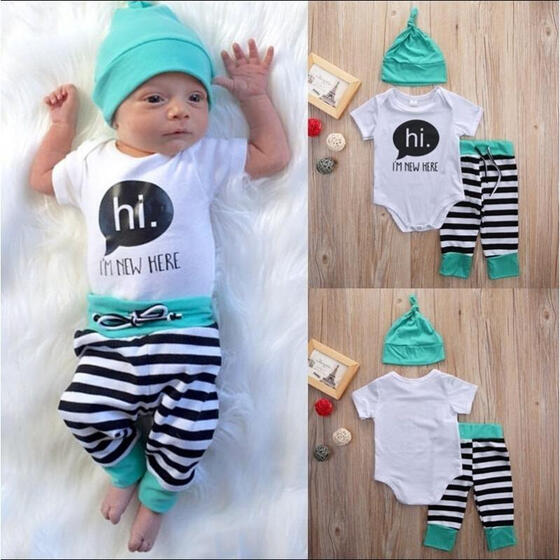 3PCS Newborn Baby Boy Girls Kids Romper Tops+Long Pants+Hat Outfits Clothes Set