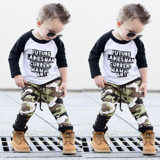 Toddler Kids Baby Boy Cool Top+Long Camouflage Pants Outfits Clothes Set 2PCS