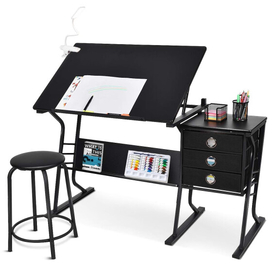 Shop Black Adjustable Drafting Table W Stool Side Drawers