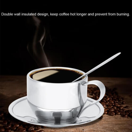 New Durable Coffee Cup Saucer Spoon Set Stainless Steel Double Wall Coffee Mug