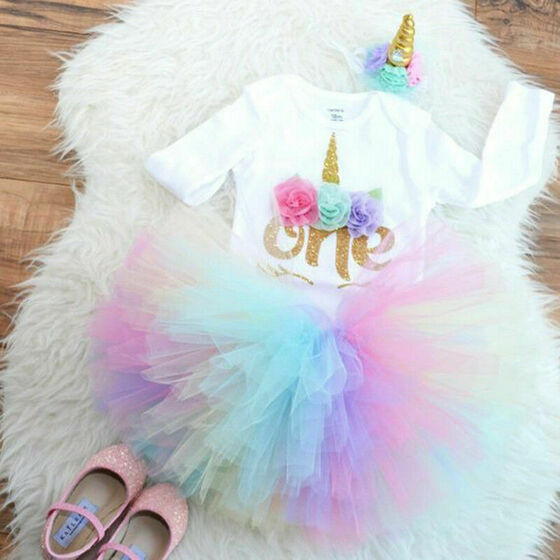 3PCS Baby Girl 1st Birthday Outfits Shirt Top Floral Tutu Shorts Party Costume
