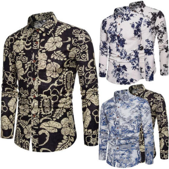 Men Floral Print Button Down Slim Fit Long Sleeve Casual Dress Shirt Blouse Tops