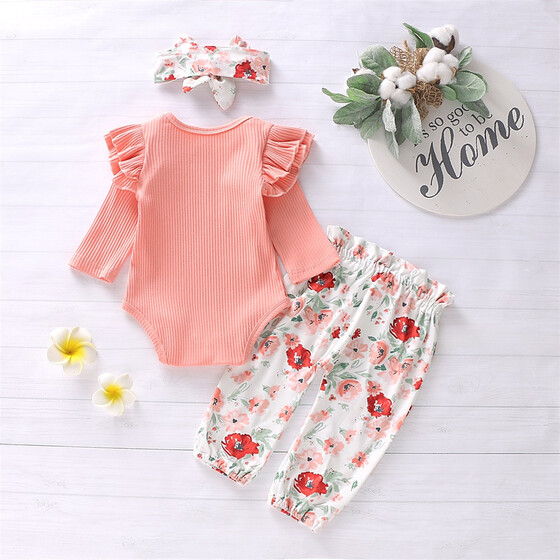 3PCS Newborn Baby Girls Tops Romper Floral Pants Headband Outfits Set Clothes