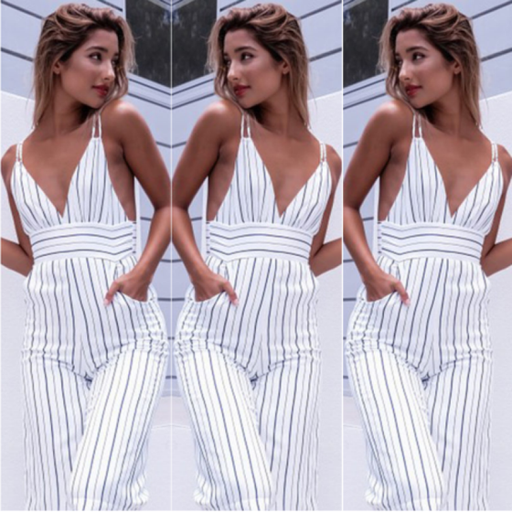 striped vacation sleeveless casual jumpsuit