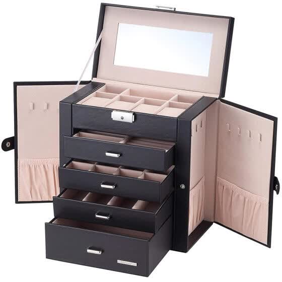 Shop Synthetic Leather Huge Jewelry Box Mirror Black Ring Storage