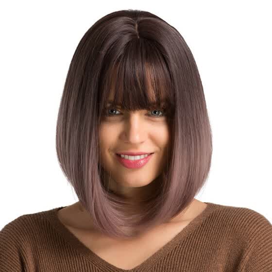 Shop Straight Short Bob Wigs With Bangs Natural With Highlight For