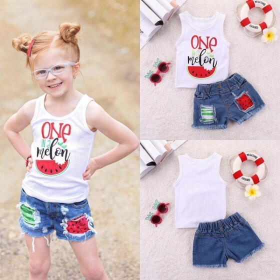 Jeans Short Pants Toddler Kids Baby Girls Summer Outfit Clothes Top T-Shirt