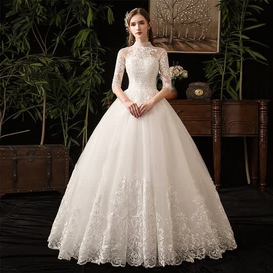 Shop Elegant Lace Embroidery Wedding Dress With Big Train High