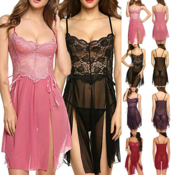 Women Lingerie Underwear Lace Robe Dress Babydoll Nightdress Nightgown Sleepwear