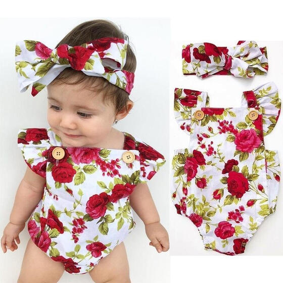 Newborn Baby Girls Romper Jumpsuit Bodysuit Infant Headband Clothes Outfits Set