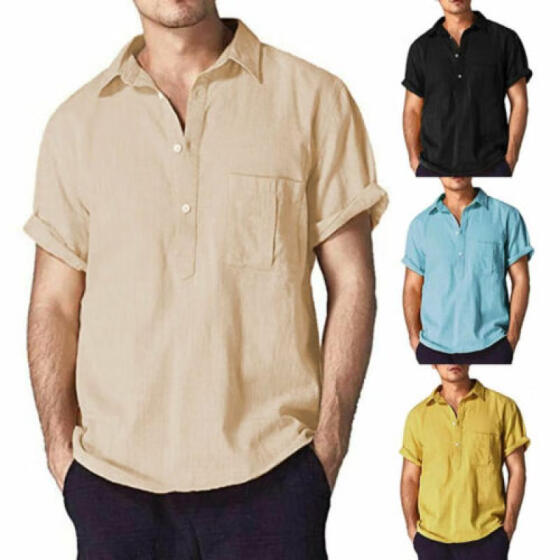 Men/'s Linen Short Sleeve Shirt Summer Cool Loose Casual V-Neck Shirts Tops M-2XL