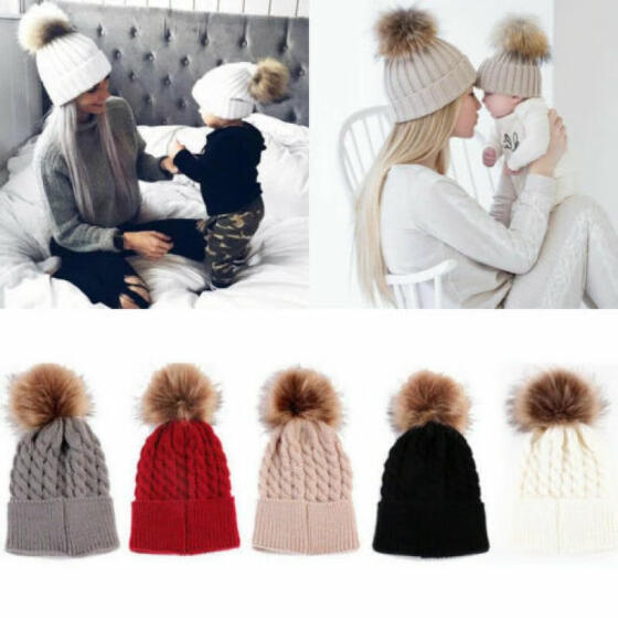 Women Kids Baby Child Warm Winter Knit Beanie Fur Pom Bobble Hat Crochet Ski Cap