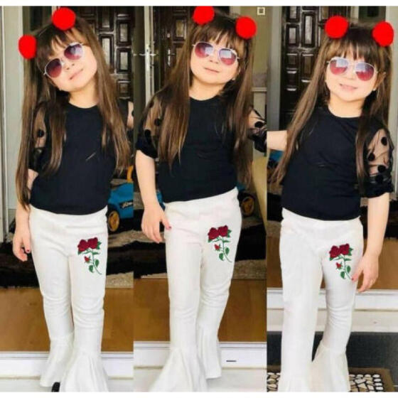 2pcs Kids Baby Girl Clothes Lace Floral Tops T shirt Flares Pants Outfits Set