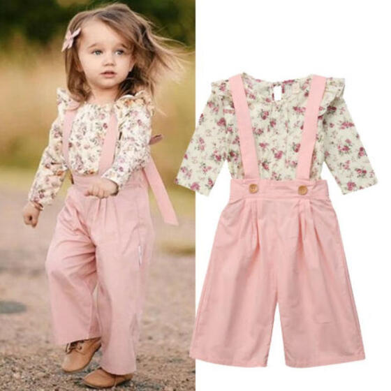2PCS Toddler Kids Baby Girl Winter Clothes Floral Tops+Pants Overall Outfits Set