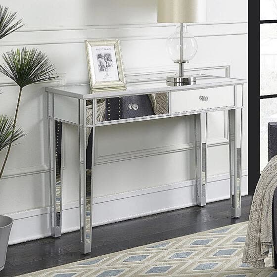 2 Drawer Mirrored Makeup Table, Mirrored Glass Bedside Table