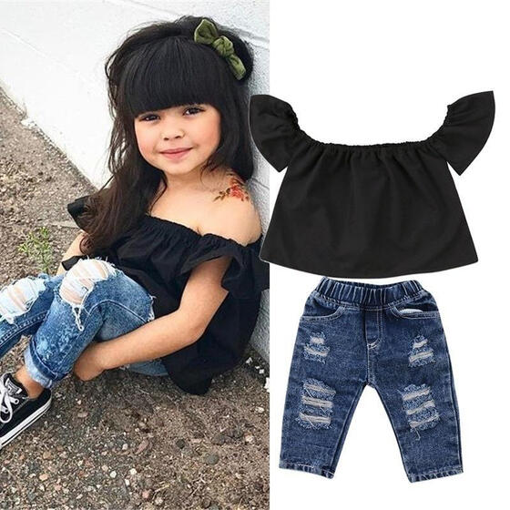 US Infant Kid Baby Girl Off Shoulder Tops T-shirt+Shorts Pants 2pcs Outfit Set