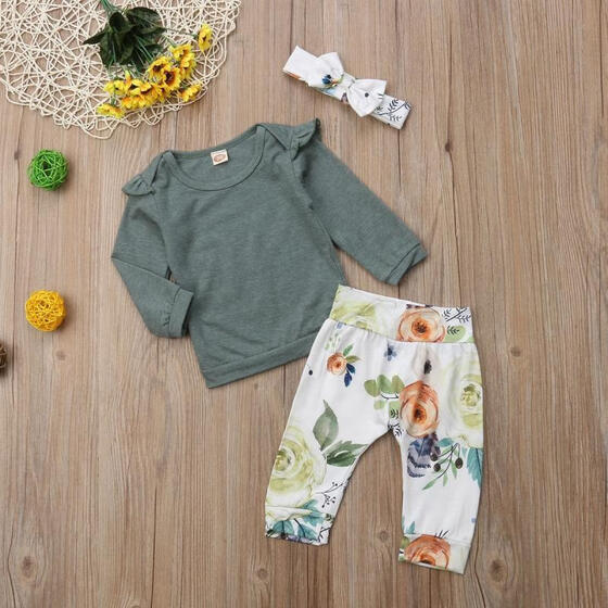 Girls Headband Outfit Infant Pants 3PCs//Set Newborn Baby Florals Tops Shirt
