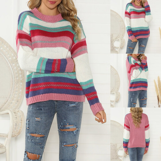 Women/'s Winter Splice Color Pullover Jumper Long Sleeve Knitted Tops Sweater USA