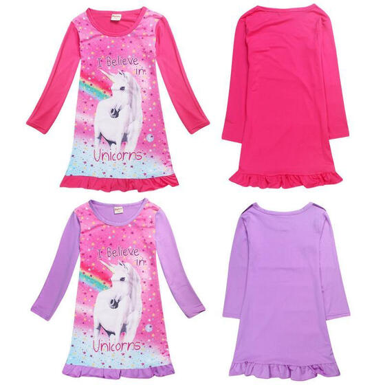 Cute Kids Girls Unicorn Horse Long Sleeve Skirt Dress Pajamas Sleepwear 4-10Y