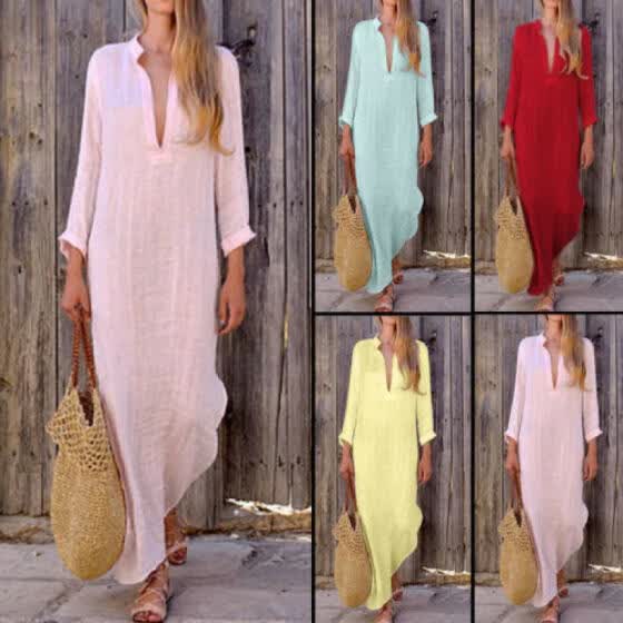 Shop Frauen Kaftan Tunika Baumwolle Leinen Maxi Kleid Langarm Plus Size Online From Best Babywear On Jd Com Global Site Joybuy Com