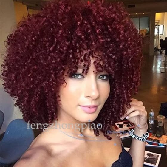 Shop Fzp Short Curly Wigs With Bangs Wine Red Color Afro Hair