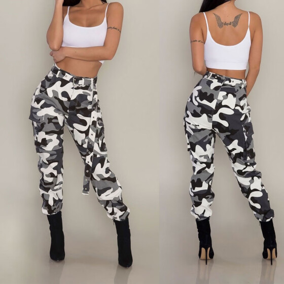 Womens Camo Cargo Trousers Casual Pants Military Army Combat Camouflage Jeans UK