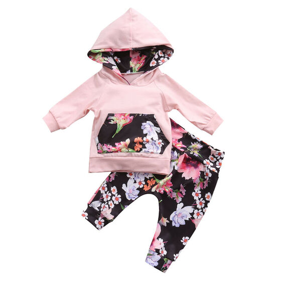US Infant Baby Girls Kids Floral Hood Tops Pants Cotton Outfit Clothes Set 0-24M