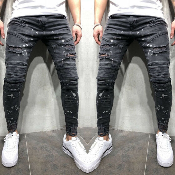 Mens Destroyed Ripped Skinny Denim Jeans Stretch Patches Biker Pants Trousers