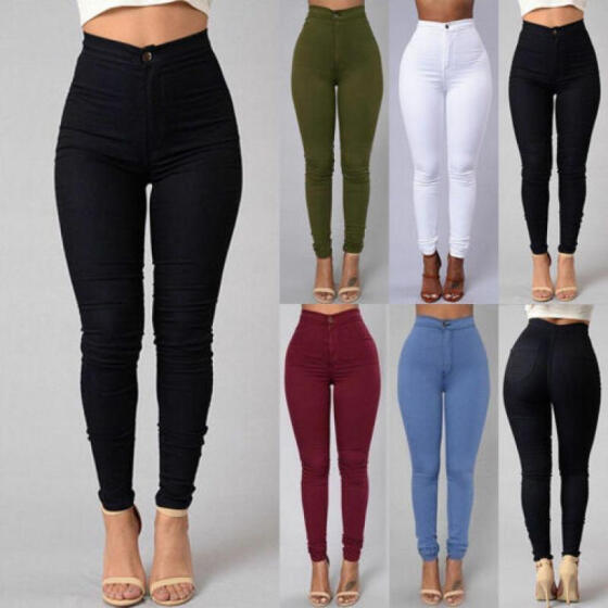 US Womens Elastic Waist Pencil Stretch Denim Skinny Slim Drawstring Jeans Pants