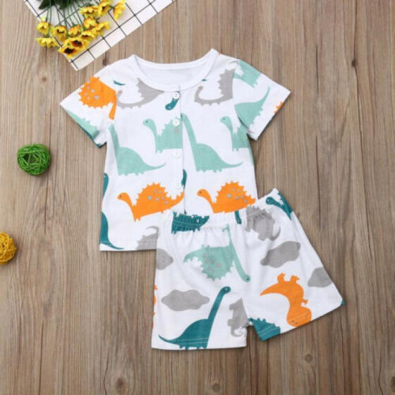 2PCS Toddler Kids Baby Boy Outfits Clothes Dinosaur Print T-shirt+Shorts Pants