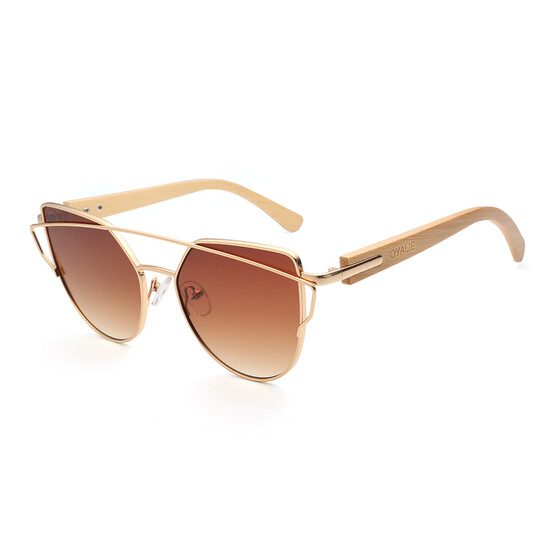 Bamboo Cat Eye Sunglasses Polarized Metal Frame Wood Glasses Lady Luxury Fashion