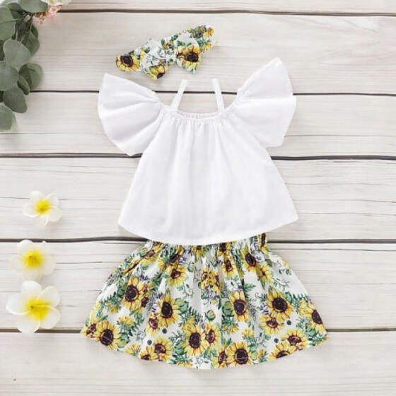 Toddler Kids Baby Girls Off Shoulder Crop Tops Ruffle Sunflower Skirt Outfit Clothes Set