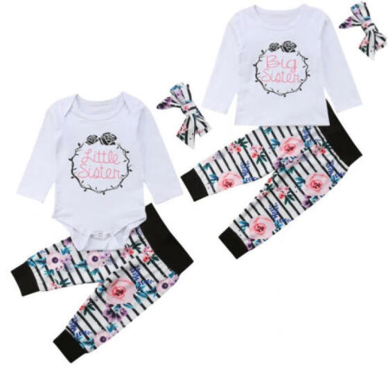 Family Matching Clothes Big Sister T-shirt Little Sister Romper Pant Outfits