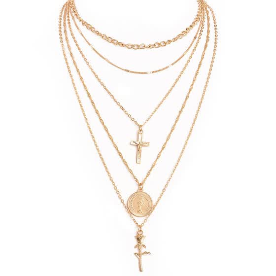Boho Gold Rose Flower Cross Coin Layered Choker - Rose Flower Cross Pendant Necklace Boho Gold Rose Flower Cross Coin Layered Choker - Rose Flower Cross Pendant Necklace