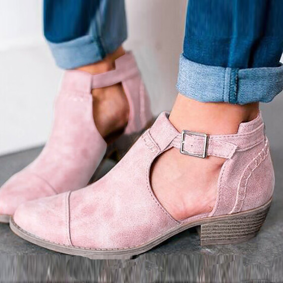 Womens Winter Pointed Toe Martin Boots Waterproof PU Buckle Zip Block Low Heel Warm Ankle Boots
