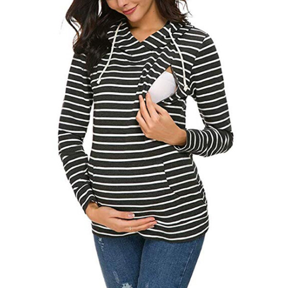Women Breastfeeding Shirt Hooded Striped Maternity Nursing Top Sweatshirt Hoody