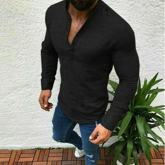 US Mens Casual Tops Henley Shirts Slim Fit V Neck Long Sleeve Muscle Tee T-shirt