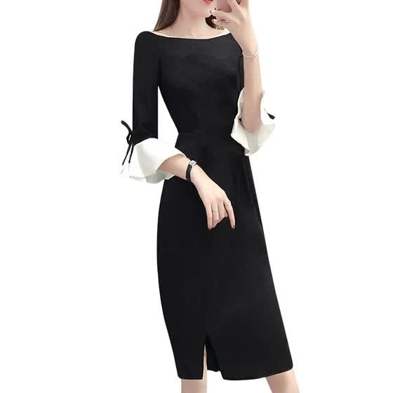 Vestido ajustado para mujer Vestido con volantes negro de Vestido largo por la rodilla, mangas con volantes | Dresses